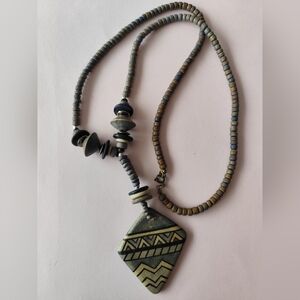 Multicolored Earth Tones Wood Bead Necklace with diamond-shaped pendant